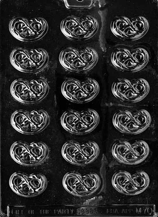 Chocolate mold M070 Pretzel with twisted pretzel shape for novelty chocolate treats.
