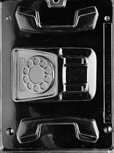 Chocolate mold M076 Medium Telephone with retro phone base and handset cavities for novelty chocolate designs.