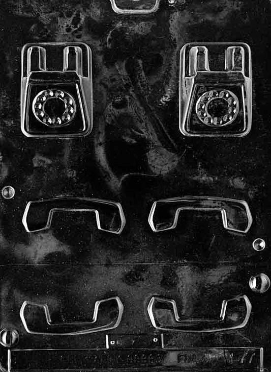 Chocolate mold M077 Small Telephone showing tiny phone base with dial details and separate curved handset, retro design in compact size.