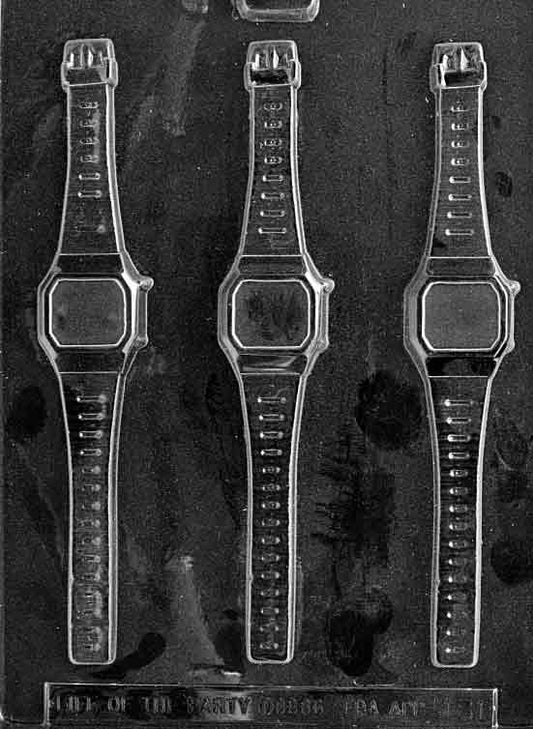 Chocolate mold M081 Large Men’s Watch with elongated watch shape including strap and round face detail.