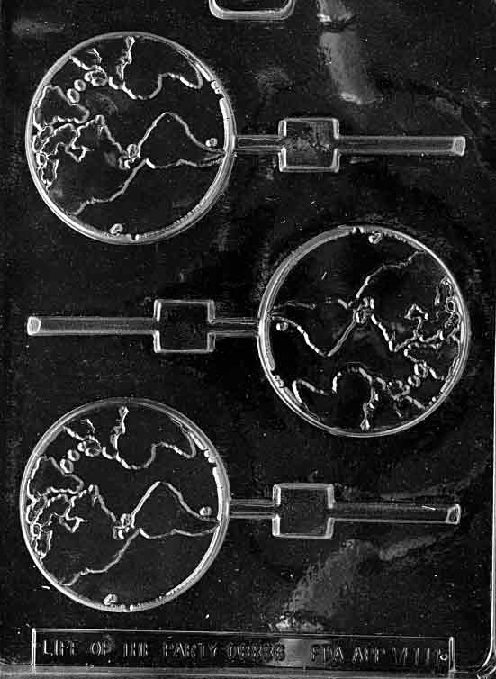Chocolate mold M111 Globe Lollipop with circular pop featuring globe design for educational chocolate treats.