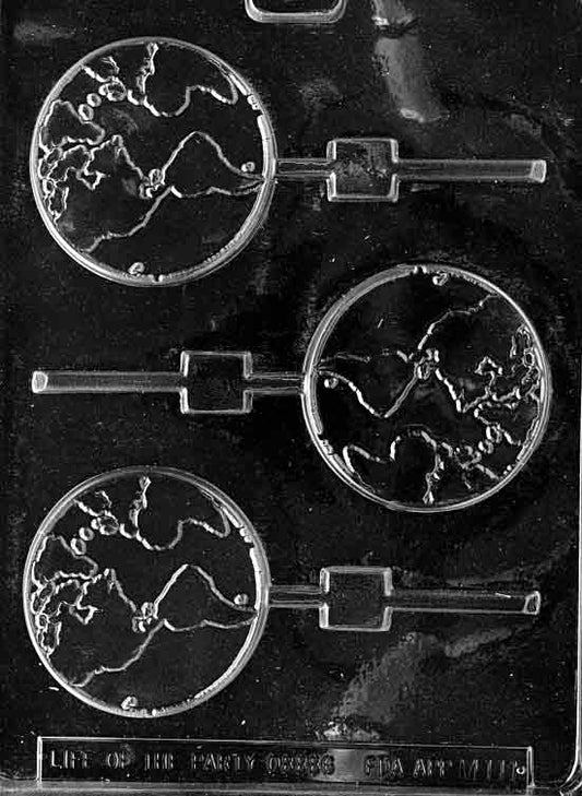 Chocolate mold M111 Globe Lollipop with circular pop featuring globe design for educational chocolate treats.
