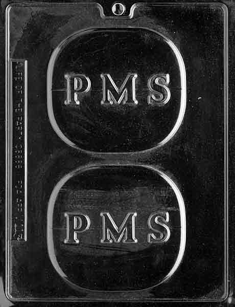 Chocolate mold M113 PMS Pills with round pill-shaped design and raised lettering for novelty chocolates.