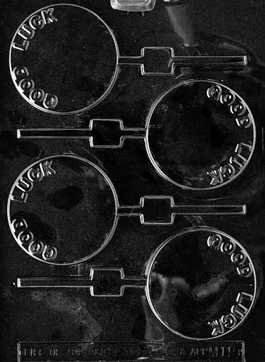 Chocolate mold M115 Good Luck Lollipop with round pop design and raised lettering message.