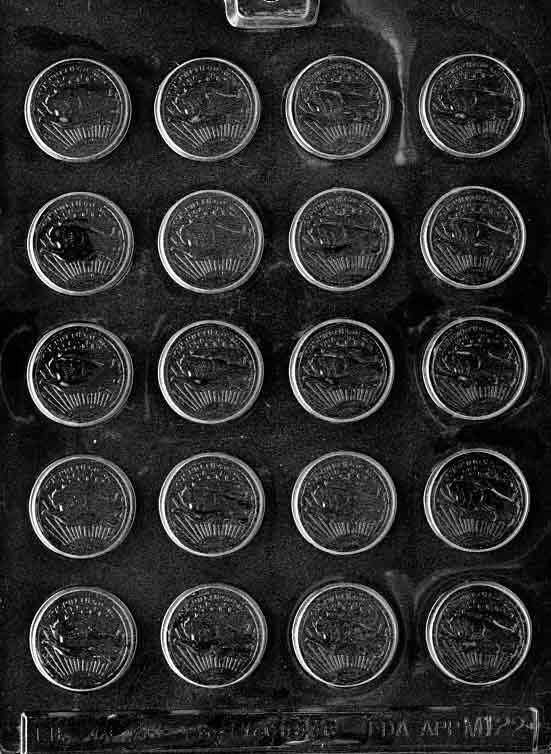 Chocolate mold M122 Small Coins with embossed eagle and lettering detail for novelty chocolates.