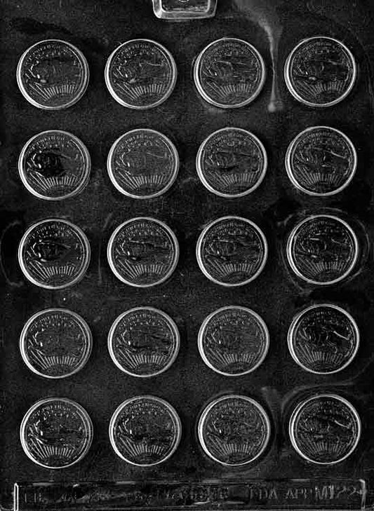 Chocolate mold M122 Small Coins with embossed eagle and lettering detail for novelty chocolates.