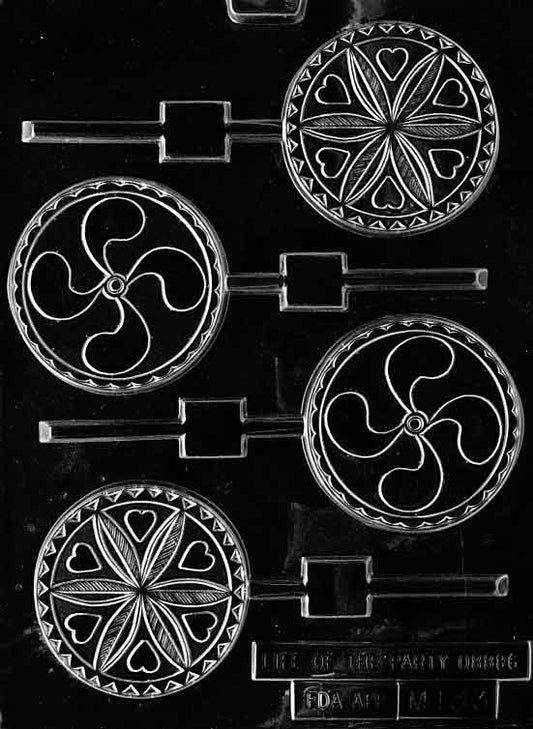Chocolate mold M133 Hexsign Pops with circular designs featuring folk-art style patterns.