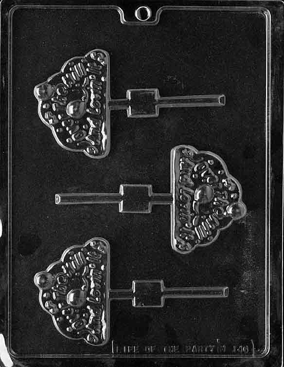 Chocolate mold M146 Over the Hill Lollipop with rectangular pop shape and embossed lettering.