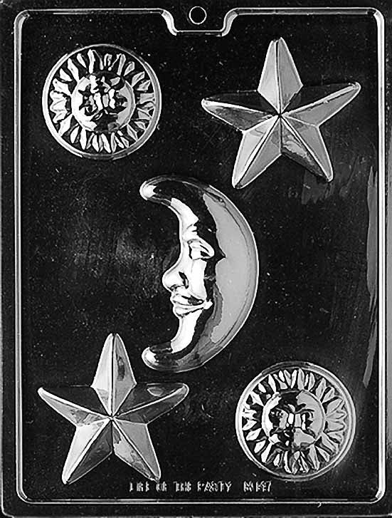 Chocolate mold M147 Celestial Assortment with sun, moon, and star chocolate shapes.