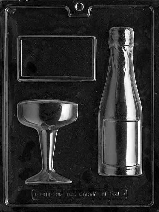 Chocolate mold M163 Champagne Assortment with bottle and flute-shaped cavities for chocolates.