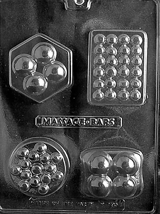 Chocolate mold M170 Four Shape Massage Bar with assorted massage bar cavity shapes.
