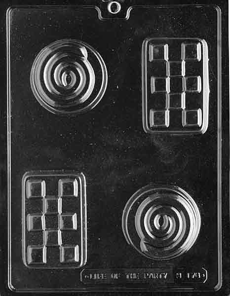 Chocolate mold M176 Checkerboard and Swirl Bar with patterned cavities for chocolate designs.