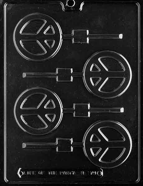 Chocolate mold M179 Peace Sign Lollipop with round pop design embossed with classic peace symbol.