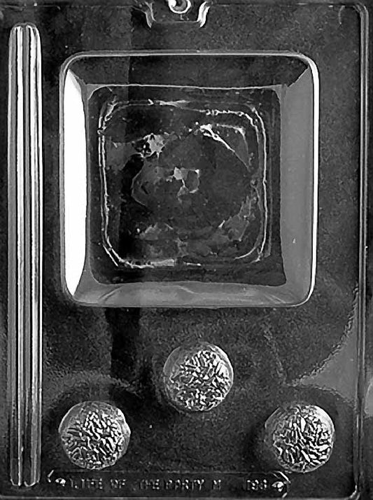 Chocolate mold M198 Sushi Plate Set with Chopsticks showing assorted sushi-shaped cavities and slender chopstick molds on a single tray.