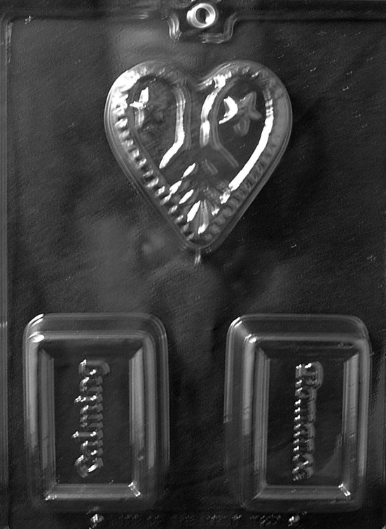Chocolate mold M200 Romance 3 Bar Combo with rectangular cavities embossed with romantic themes.