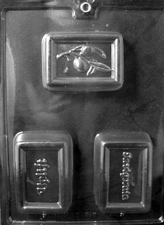 Chocolate mold M201 Invigorating 3 Bar Combo with rectangular cavities featuring embossed energizing designs.