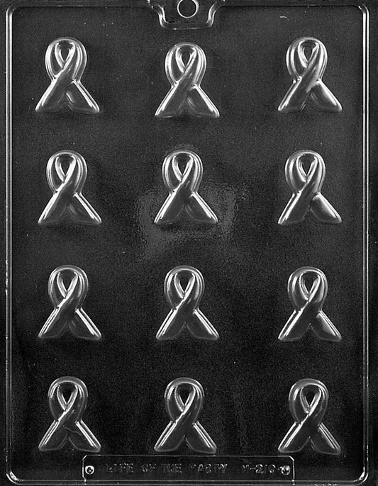 Chocolate mold M210 Awareness Ribbon with looped ribbon-shaped cavity for chocolates.