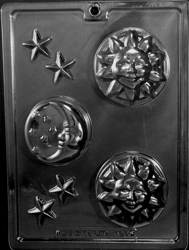 Chocolate mold M214 Celestial Bars with embossed star, moon, and sun bar cavities.