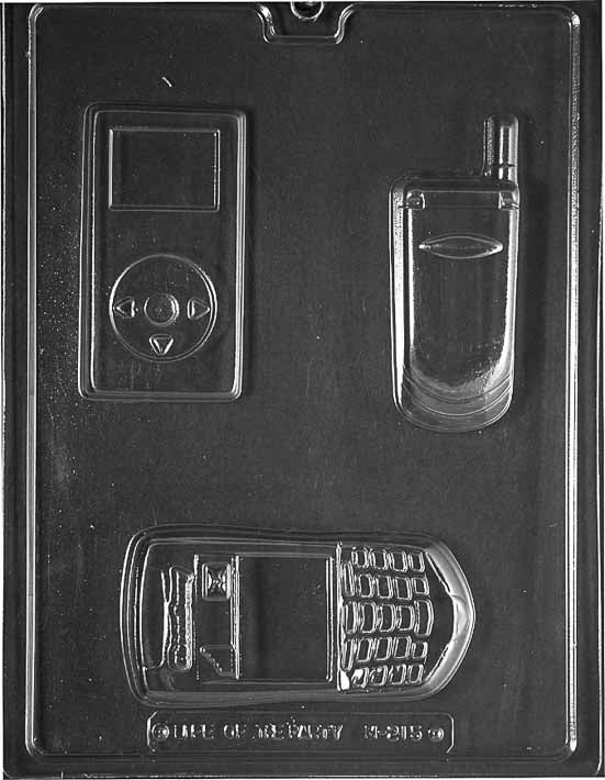 Chocolate mold M215 Technology Kit with phone, MP3 player, and handheld-shaped cavities.