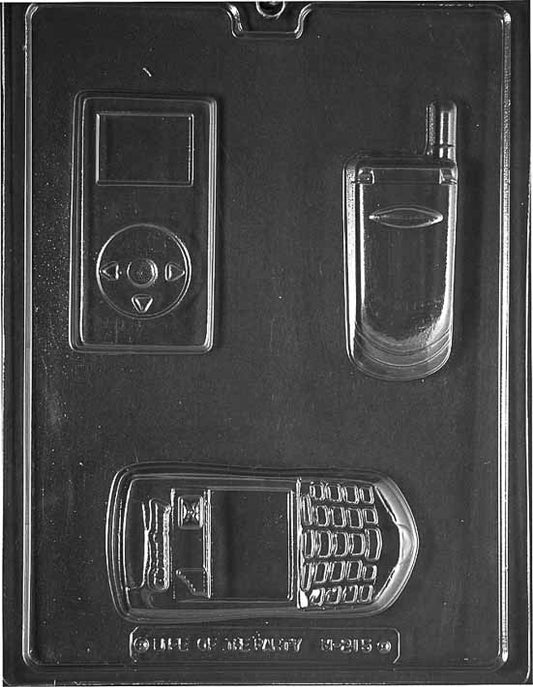 Chocolate mold M215 Technology Kit with phone, MP3 player, and handheld-shaped cavities.