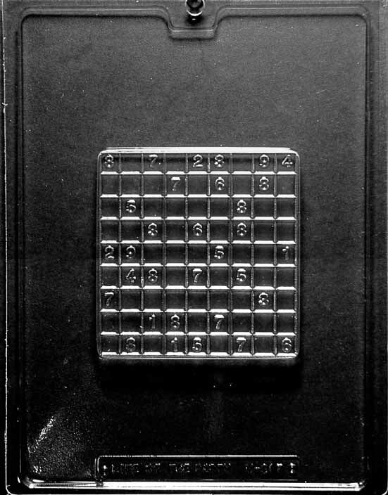 Chocolate mold M217 Sudoku Board with square board cavity embossed with puzzle grid.