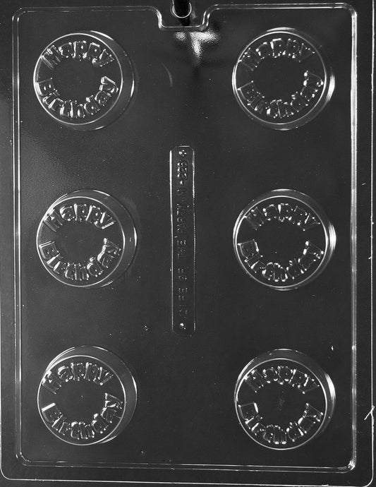 Chocolate mold M226 Happy Birthday Sandwich Cookie with round cookie cavity and birthday embossing.