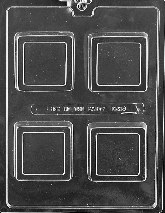 Chocolate mold M229 4-Up Square with border cavities suitable for stamped chocolate designs.