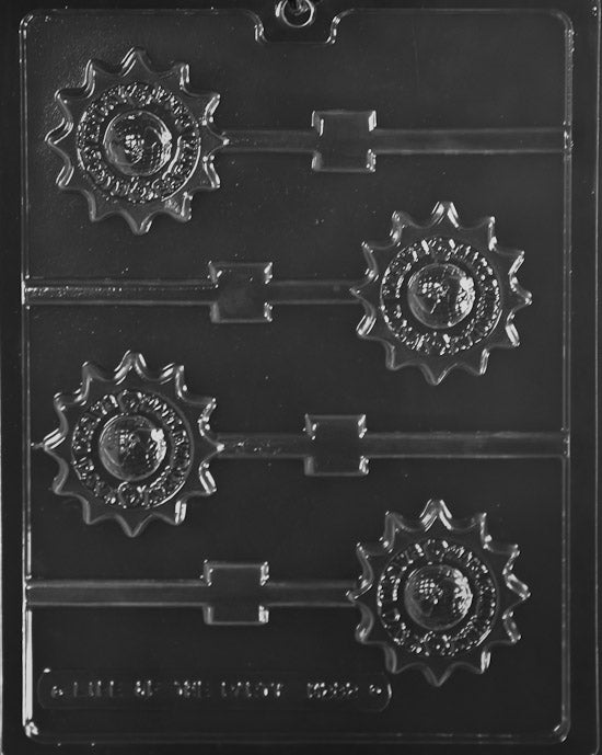 Chocolate mold M232 Earth Day Lollipop with round pop cavities embossed with Earth Day text.