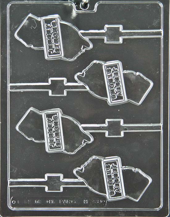 Chocolate mold M238 Jersey Strong Lollipop with rectangular pop cavities embossed with text.