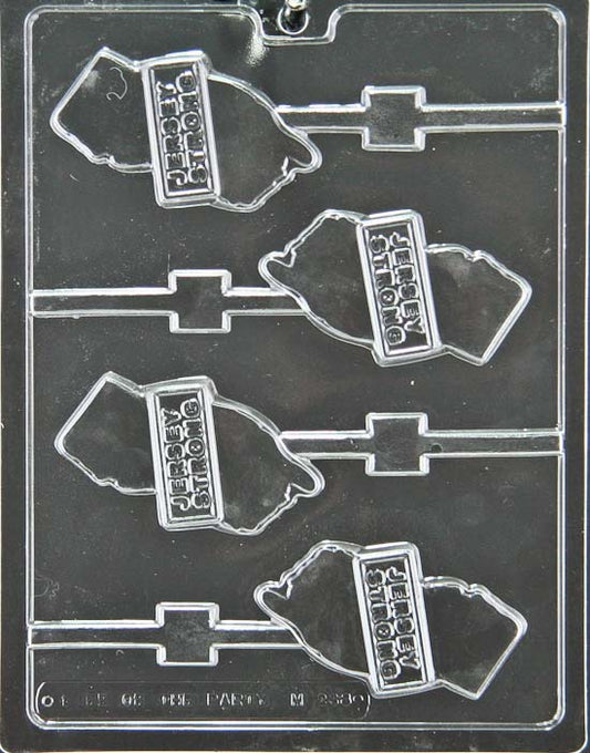 Chocolate mold M238 Jersey Strong Lollipop with rectangular pop cavities embossed with text.