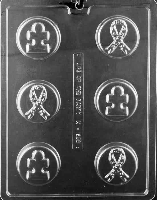Chocolate mold M258 Ribbon Puzzle Cookie with round cookie cavities embossed with puzzle ribbons.