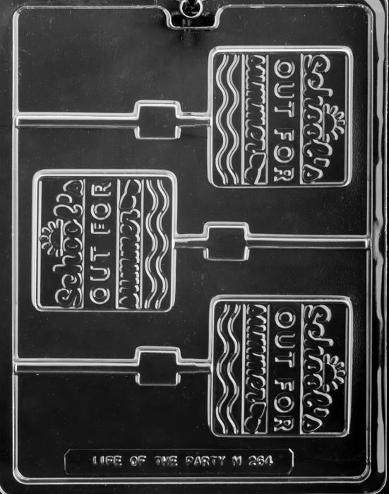Chocolate mold M264 School’s Out for Summer with square pop cavities embossed with text.