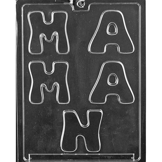 Clear plastic chocolate mold with letter-shaped cavities spelling MAMAN, including three M shapes and two A shapes, shown on a dark background.