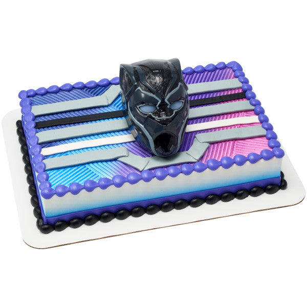 A rectangular superhero-themed cake with vibrant purple and blue details, topped with the Black Panther Light-Up DecoSet.