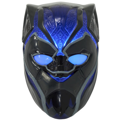 A Black Panther Light-Up DecoSet cake topper featuring a molded Black Panther mask with glowing blue eyes.