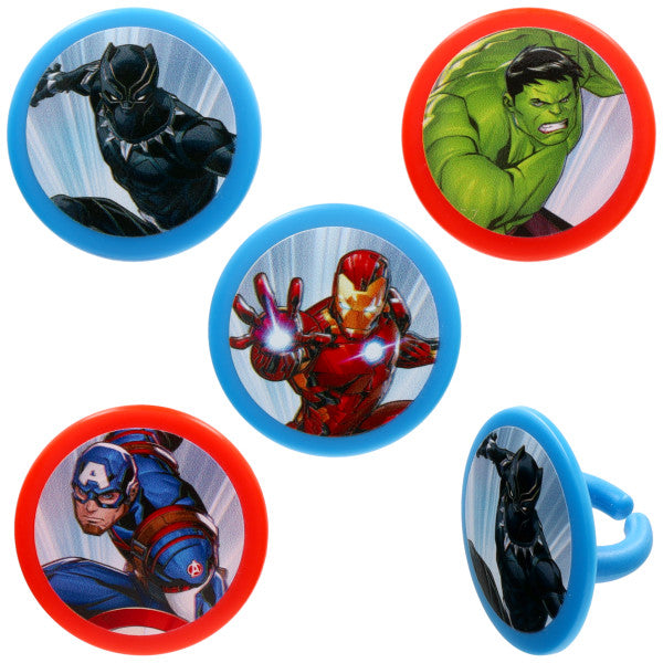 Set of four MARVEL Avengers cupcake rings with round toppers featuring Black Panther, Hulk, Iron Man, and Captain America on red and blue ring bases.