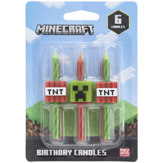 Package of six Minecraft birthday candles featuring Creeper faces and TNT blocks on green and red candles.