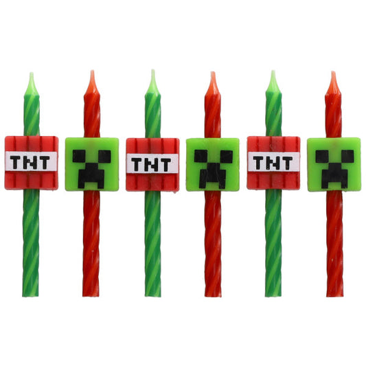 Six Minecraft birthday candles displayed in a row, alternating Creeper and TNT designs.