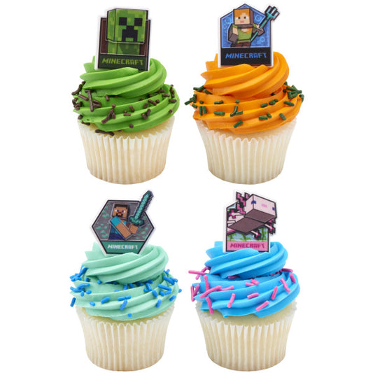 Vanilla cupcakes with colorful frosting topped with Minecraft character rings: Creeper, Alex, Steve, and Axolotl.