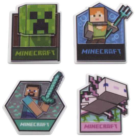 Set of four Minecraft cupcake rings featuring Creeper, Alex with trident, Steve with sword, and Axolotl designs.