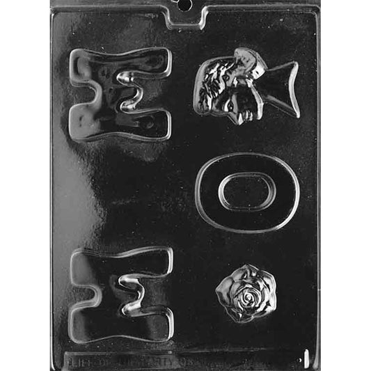Clear plastic chocolate mold with cavities for two M letters, one O letter, a rose, and a mother profile accent to create a MOM chocolate design.