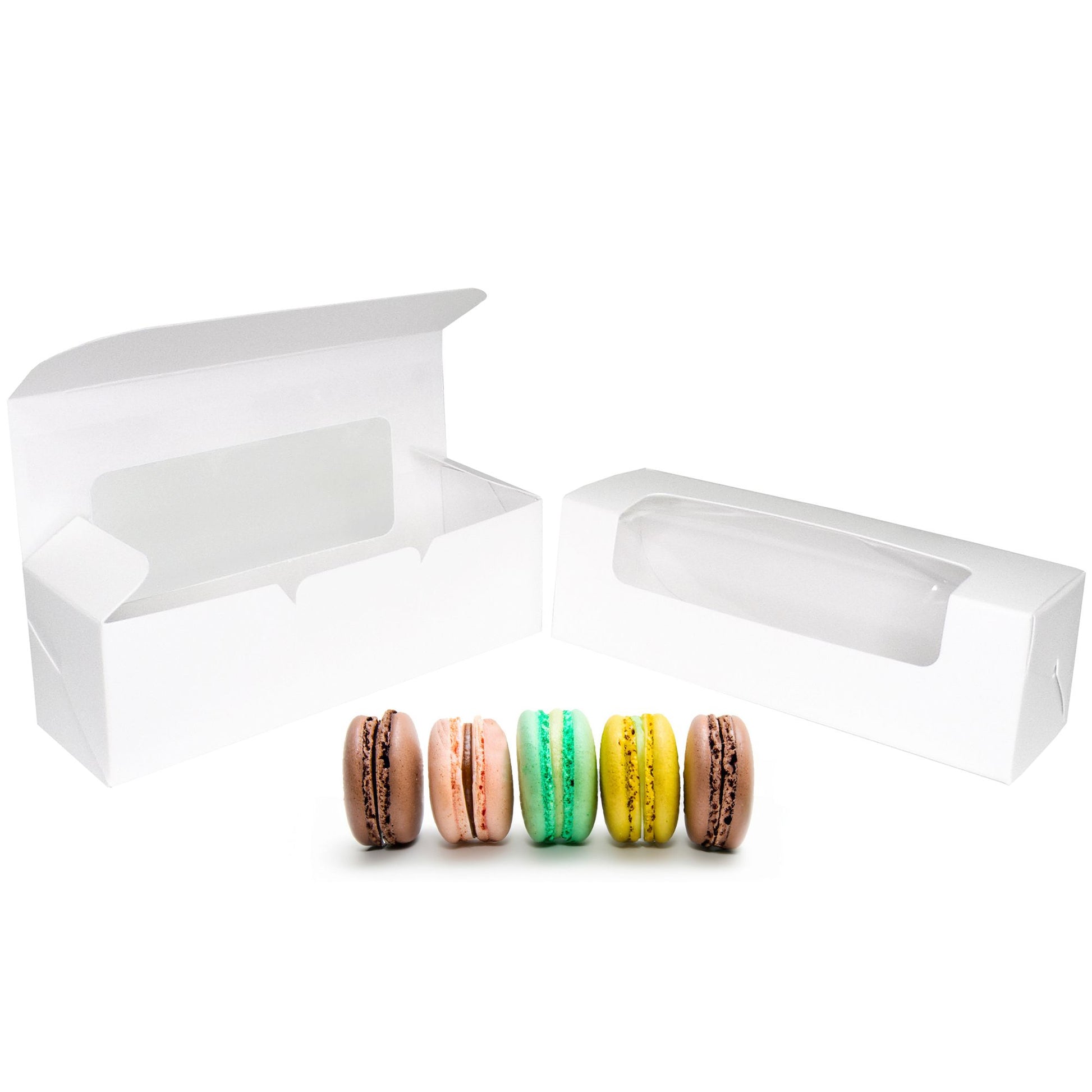 White macaron box with a clear window, displaying colorful macarons, designed to hold up to 6 cookies.