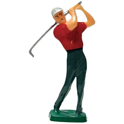 Male golfer cake topper in mid-swing, dressed in a red shirt and black pants, perfect for golf enthusiasts’ birthdays or celebratory events.
