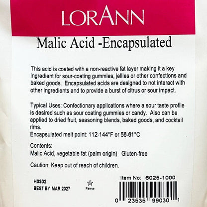 Front of a white resealable LorAnn pouch labeled “Malic Acid - Encapsulated,” with a magenta header panel and black product information text.