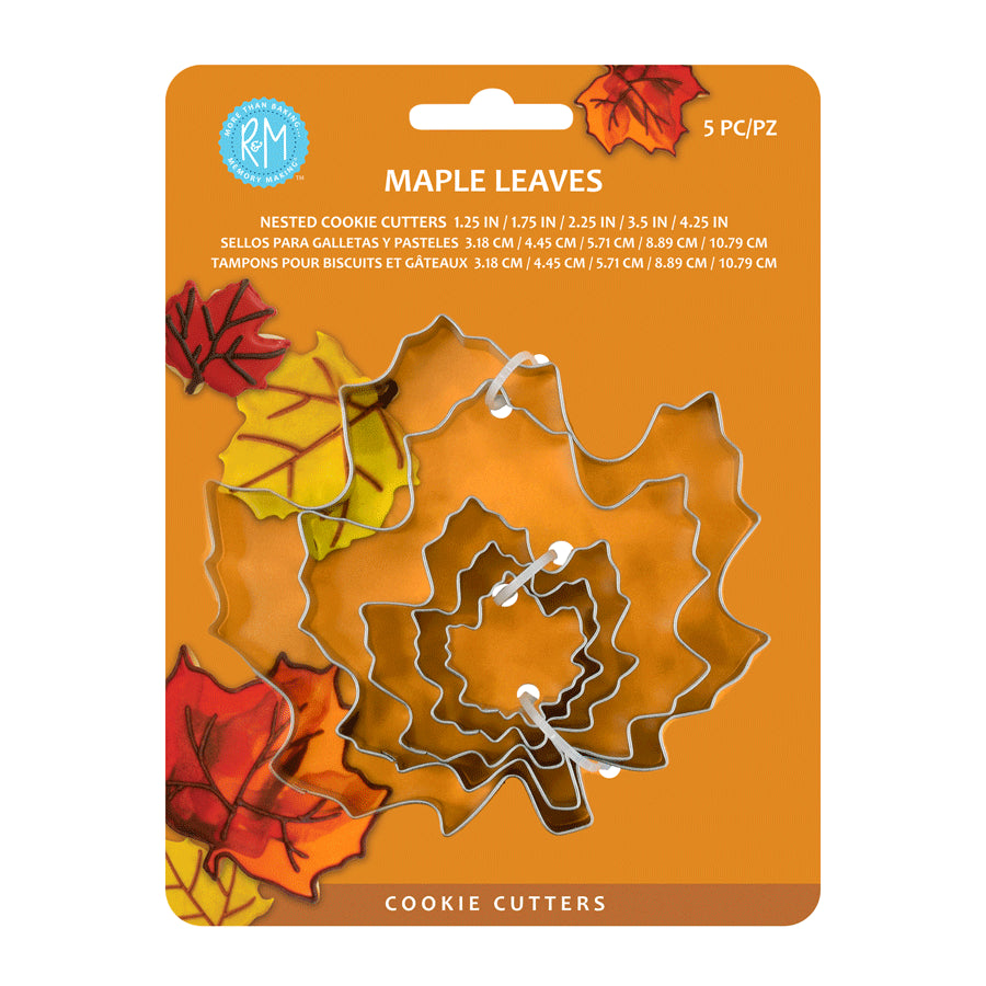 Maple Leaf Cookie Cutter Set in packaging, featuring five nested cutters against a fall-themed background.