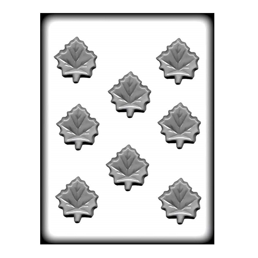 An image of a plastic candy mold designed for making maple leaf-shaped hard candies. The mold features eight cavities, each shaped like a detailed maple leaf, arranged in two columns of four. The mold is made of a durable,  FDA-approved material suitable for oven use and candy making.