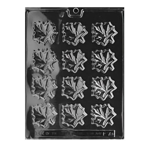 Detailed chocolate mold with multiple cavities, each designed as a textured maple leaf, ideal for creating autumn-inspired chocolate treats.
