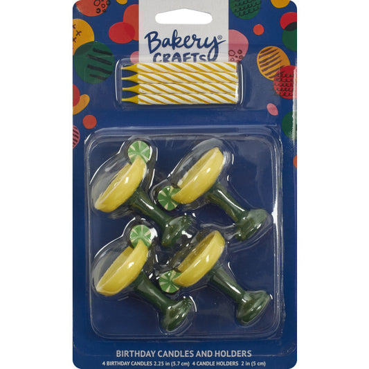 Package of 4 margarita glass-shaped birthday candle holders with yellow spiral candles by Bakery Crafts.
