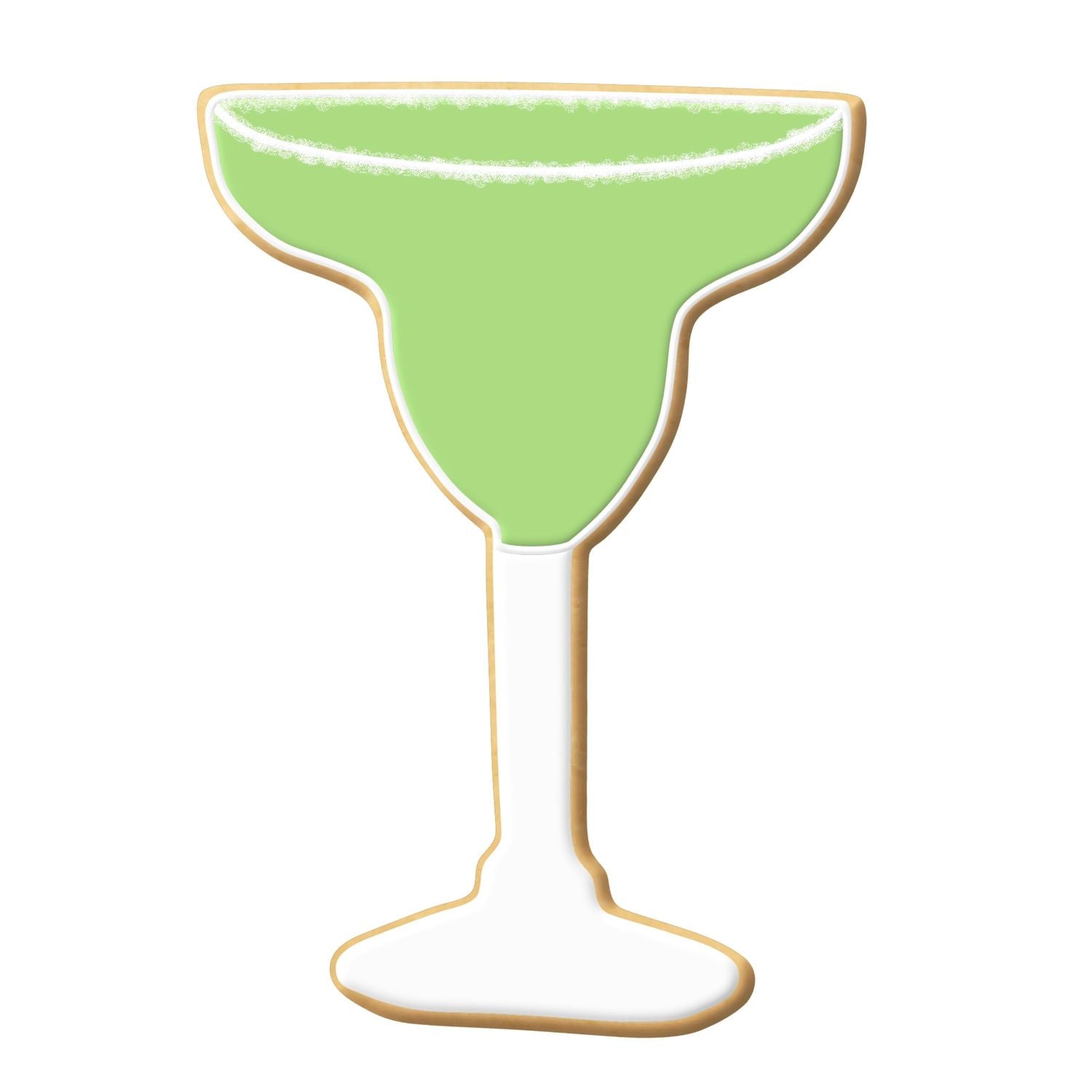 Decorated margarita glass-shaped cookie with light green icing in the glass portion and white icing on the stem, made using a margarita glass cookie cutter.