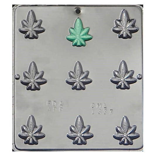 Chocolate mold featuring detailed marijuana leaf shapes, perfect for creating themed confectioneries and edibles.